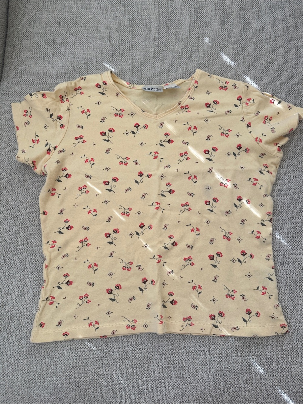 White Stag Yellow Short Sleeve Tee with Red Floral Print
